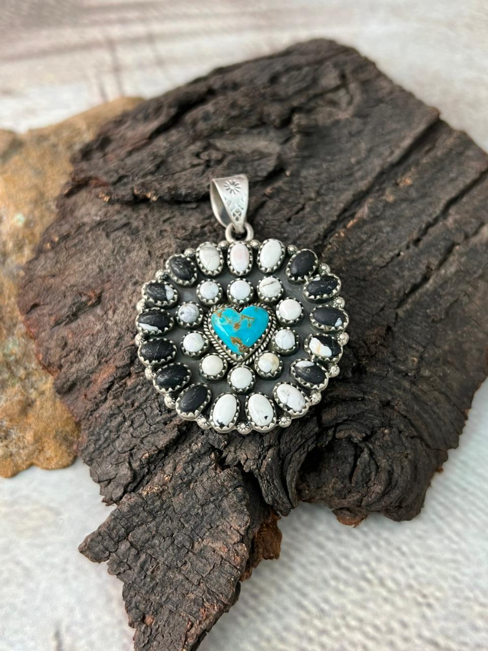 Handmade Sterling Silver Santa Maria Turquoise with White Buffalo Pendant "Signed Nizhoni"