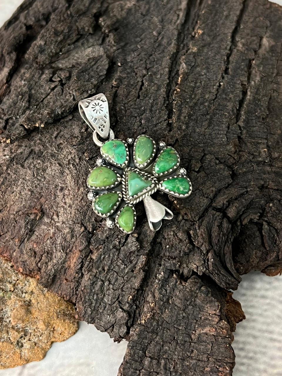 Handmade Sterling Silver Emerald Valley Turquoise Pendant "Signed Nizhoni"