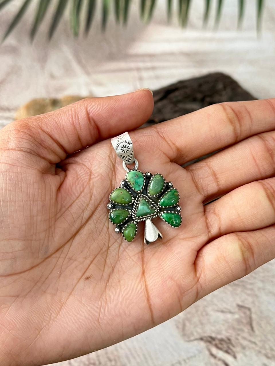 Handmade Sterling Silver Emerald Valley Turquoise Pendant "Signed Nizhoni"