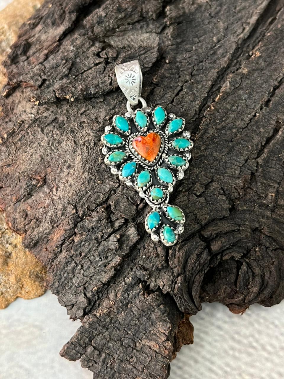 Handmade Sterling Silver Kingman Turquoise with Orange Mojave Pendant "Signed Nizhoni"