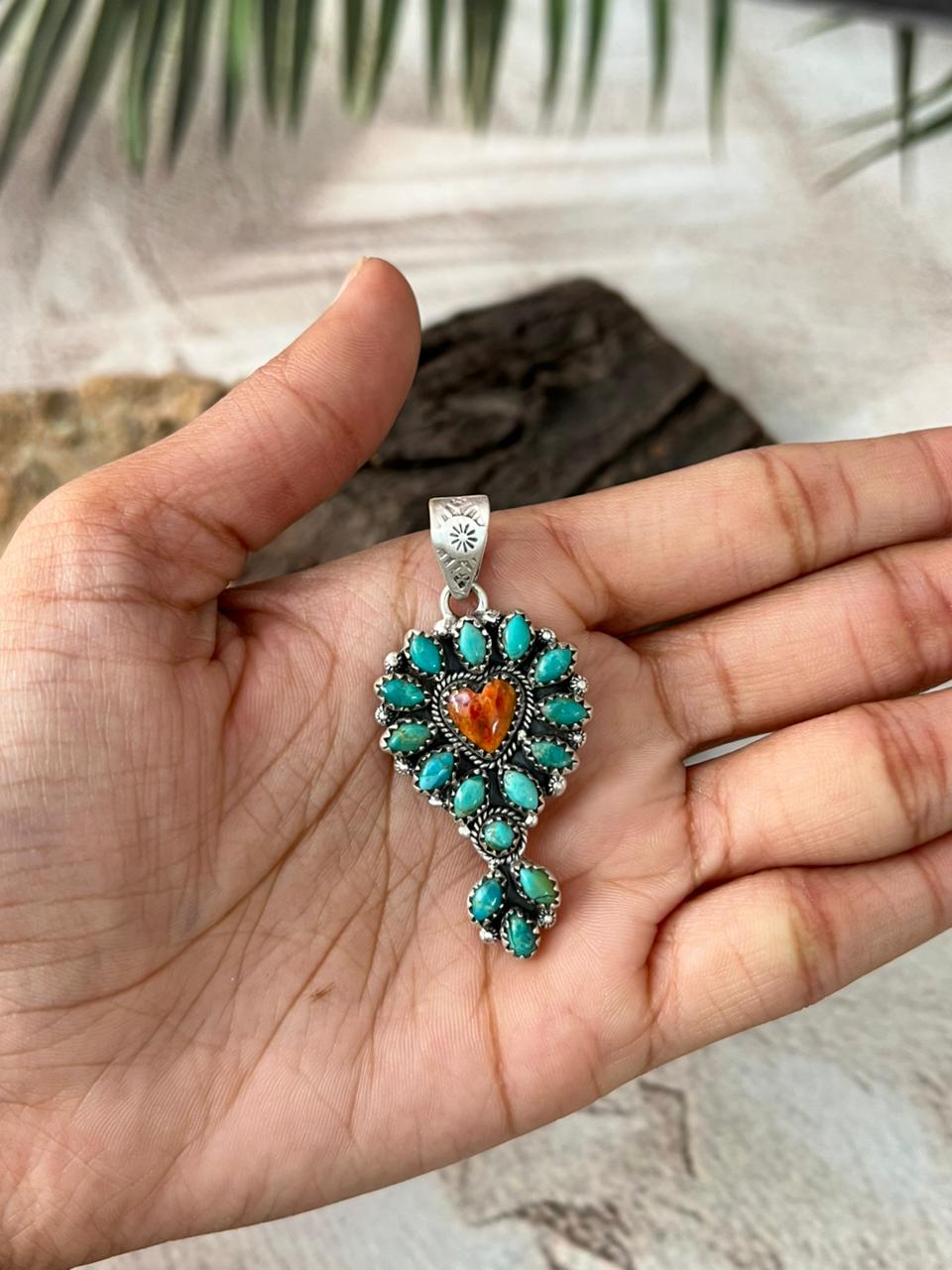 Handmade Sterling Silver Kingman Turquoise with Orange Mojave Pendant "Signed Nizhoni"