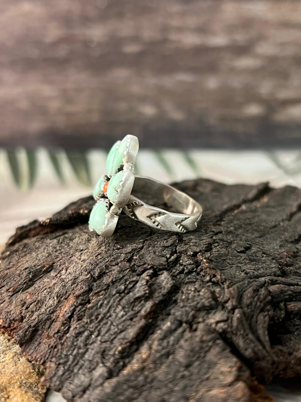 Handmade Sterling Silver Orange Mojave with Paloma Turquoise Adjustable Ring "Signed Nizhoni"