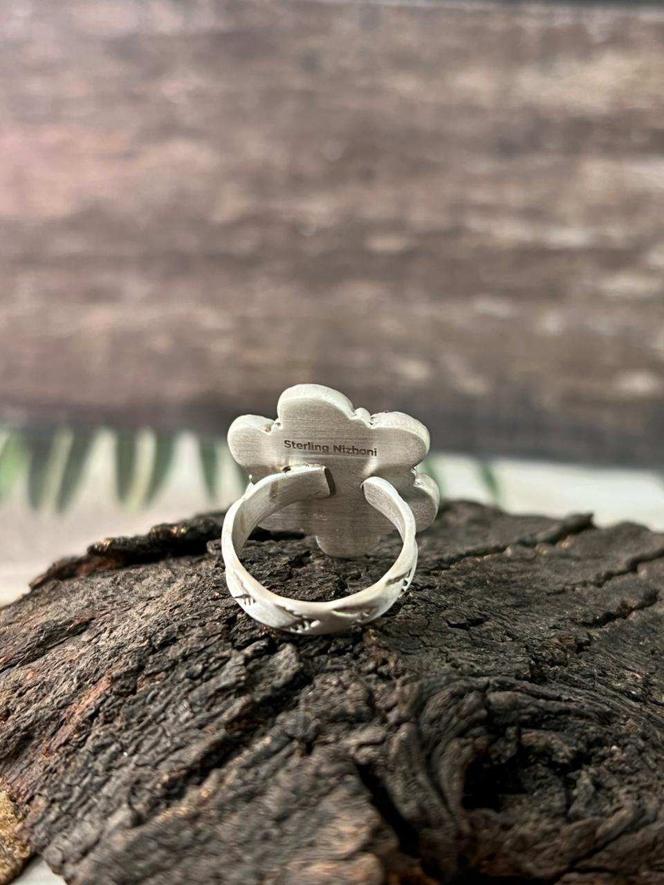 Handmade Sterling Silver Orange Mojave with Paloma Turquoise Adjustable Ring "Signed Nizhoni"