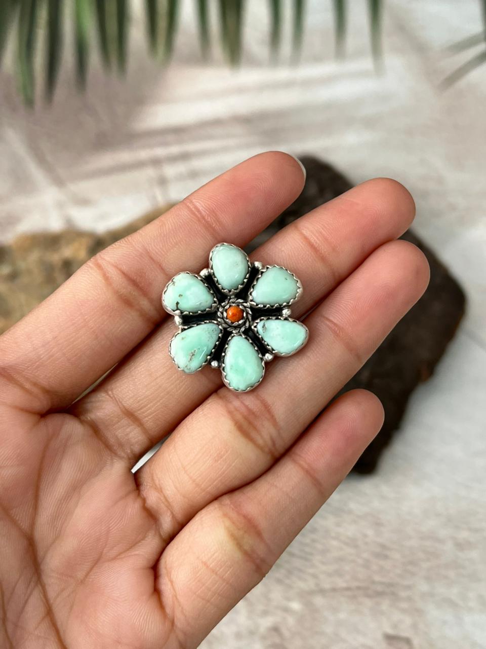 Handmade Sterling Silver Orange Mojave with Paloma Turquoise Adjustable Ring "Signed Nizhoni"