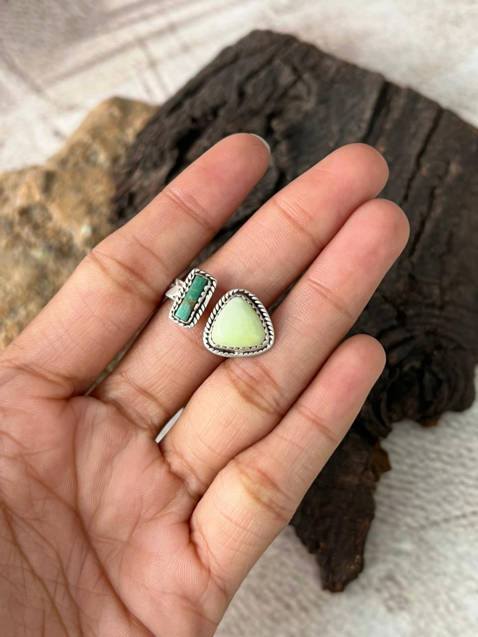 Handmade Sterling Silver Sonoran Mountain with Palomino Turquoise Adjustable Ring "Signed Nizhoni"