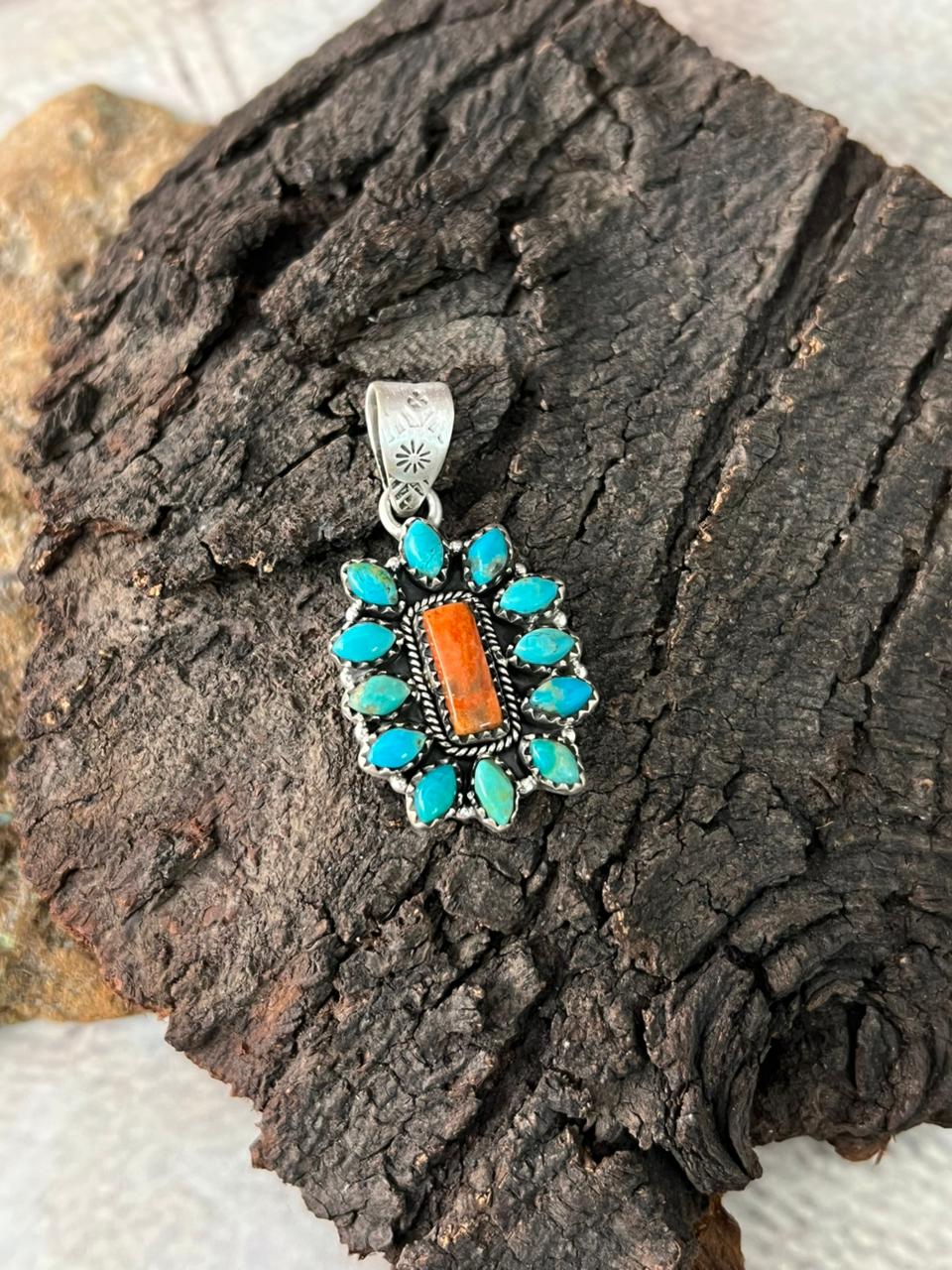 Handmade Sterling Silver Kingman Turquoise with Orange Mojave Pendant "Signed Nizhoni"