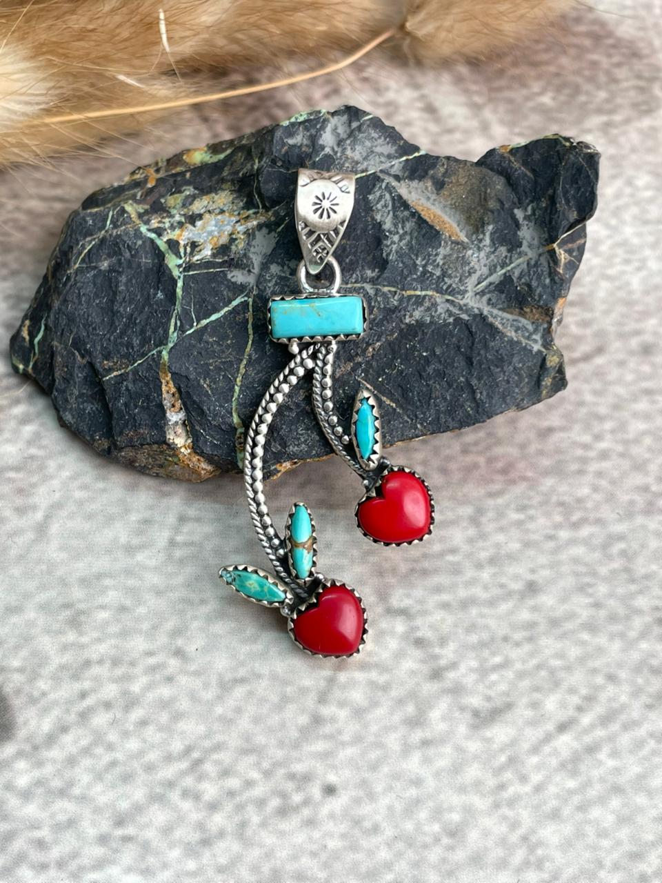 Handmade Sterling Silver Rosarita with Kingman Turquoise Cherry Pendant "Signed Nizhoni"