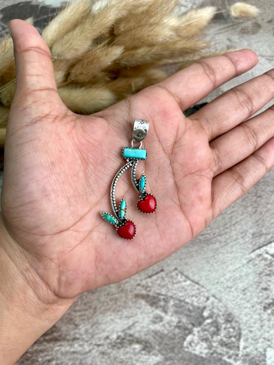 Handmade Sterling Silver Rosarita with Kingman Turquoise Cherry Pendant "Signed Nizhoni"