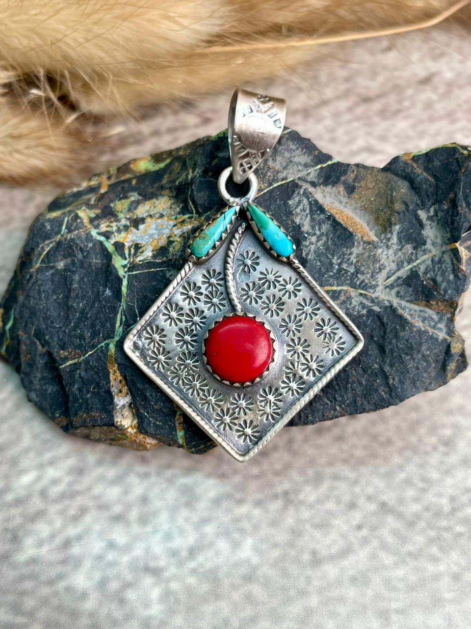 Handmade Sterling Silver Rosarita with Kingman Turquoise Cherry Pendant "Signed Nizhoni"