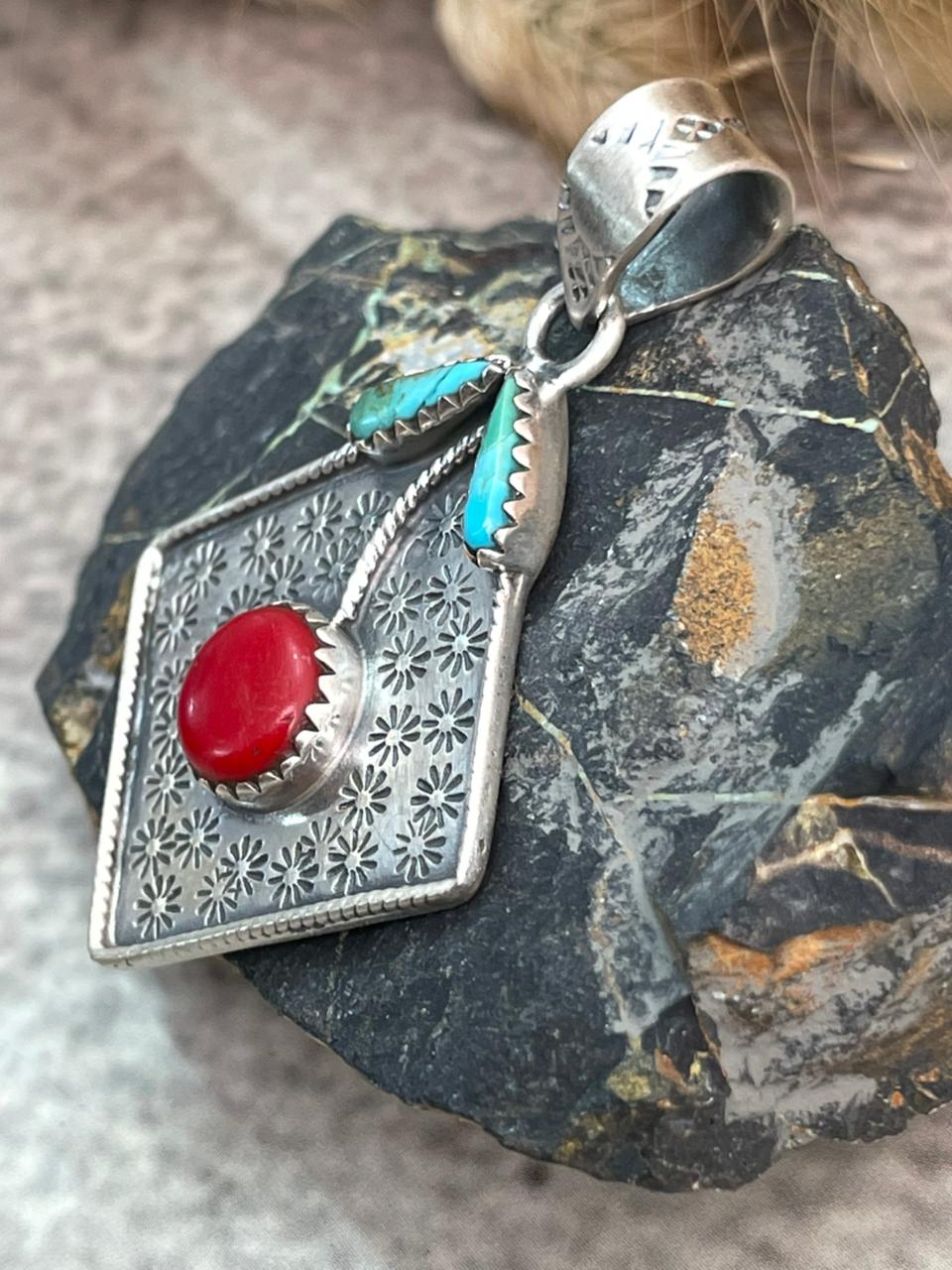 Handmade Sterling Silver Rosarita with Kingman Turquoise Cherry Pendant "Signed Nizhoni"