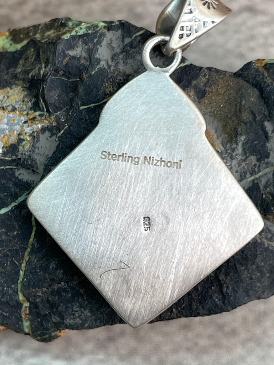 Handmade Sterling Silver Rosarita with Kingman Turquoise Cherry Pendant "Signed Nizhoni"
