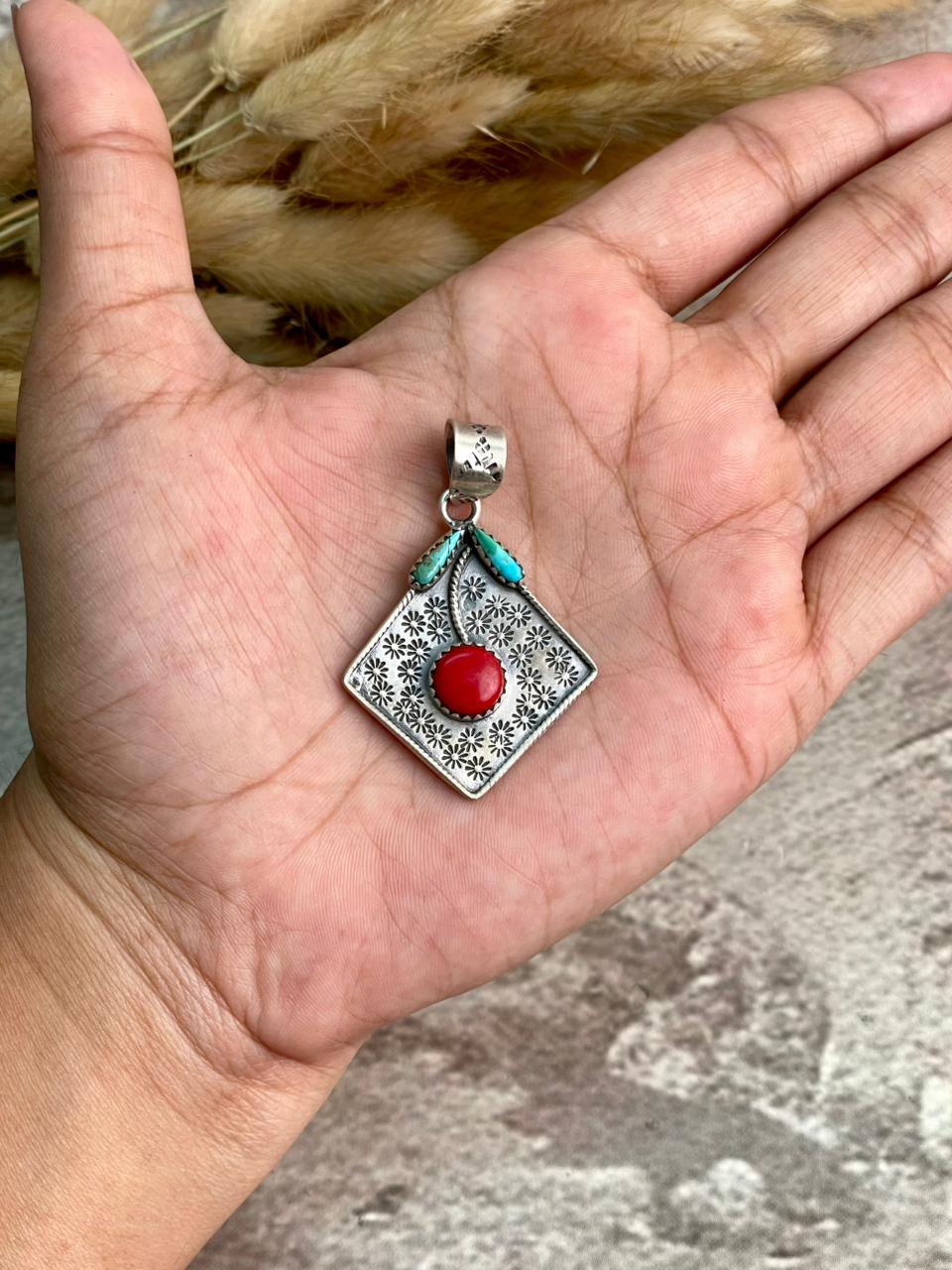 Handmade Sterling Silver Rosarita with Kingman Turquoise Cherry Pendant "Signed Nizhoni"