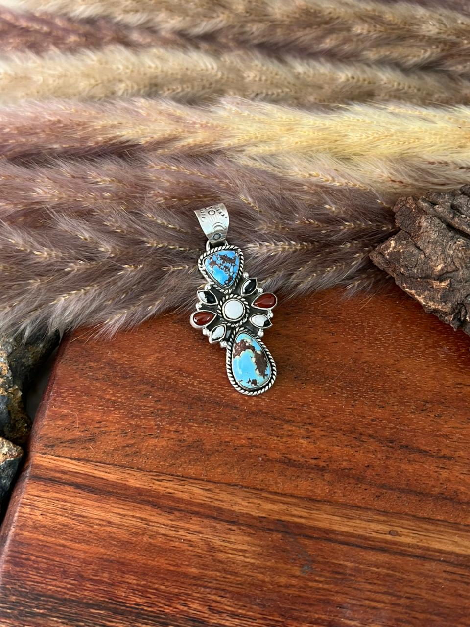 Handmade Sterling Silver Canyon Sunset Collection: Golden Hills Turquoise with White Buffalo and Carnelian Pendant "Signed Nizhoni"