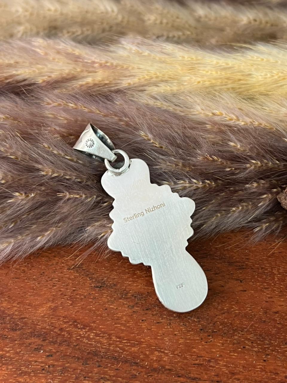 Handmade Sterling Silver Canyon Sunset Collection: Golden Hills Turquoise with White Buffalo and Carnelian Pendant "Signed Nizhoni"
