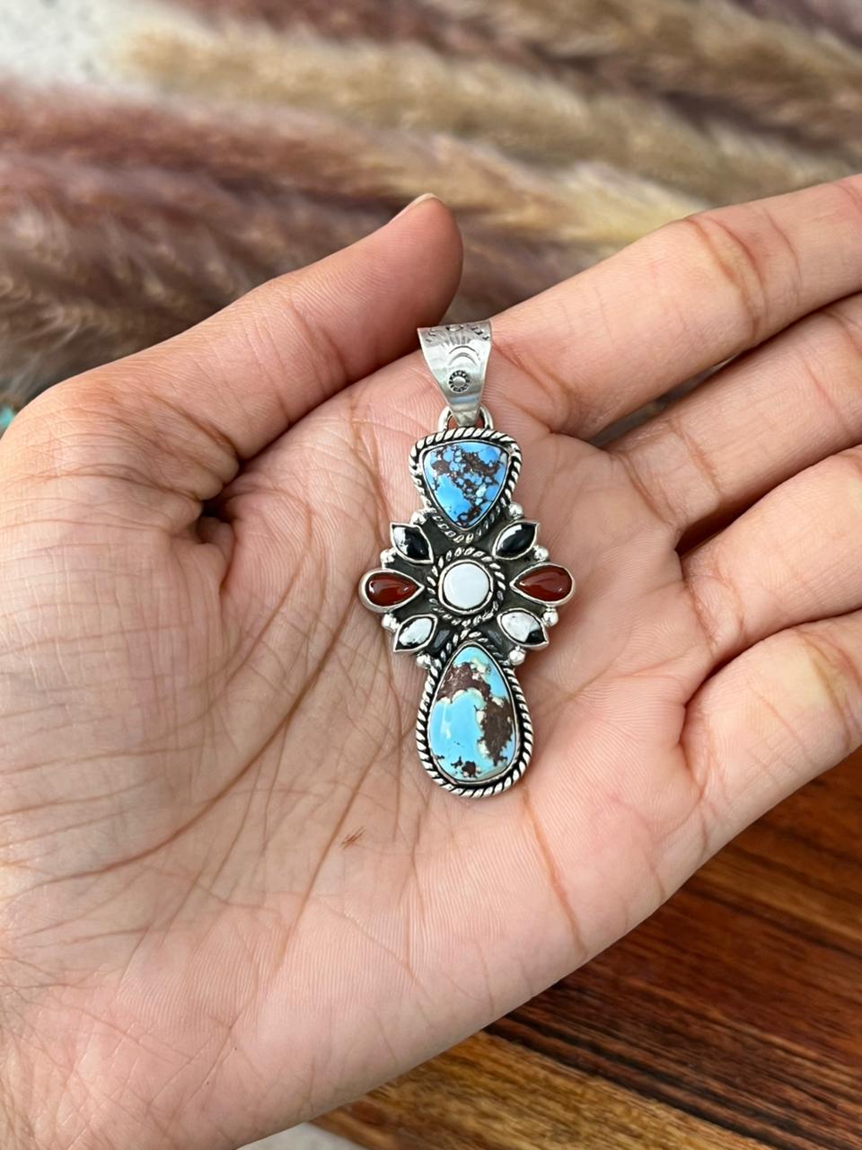 Handmade Sterling Silver Canyon Sunset Collection: Golden Hills Turquoise with White Buffalo and Carnelian Pendant "Signed Nizhoni"