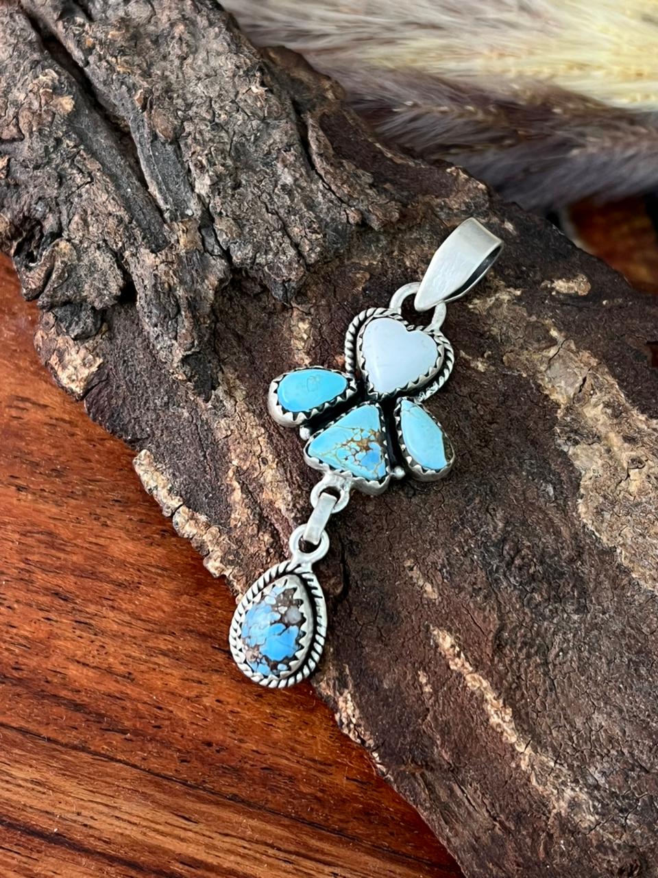 Handmade Sterling Silver Canyon Sunset Collection: Golden Hills Turquoise with White Buffalo Pendant "Signed Nizhoni" (4)