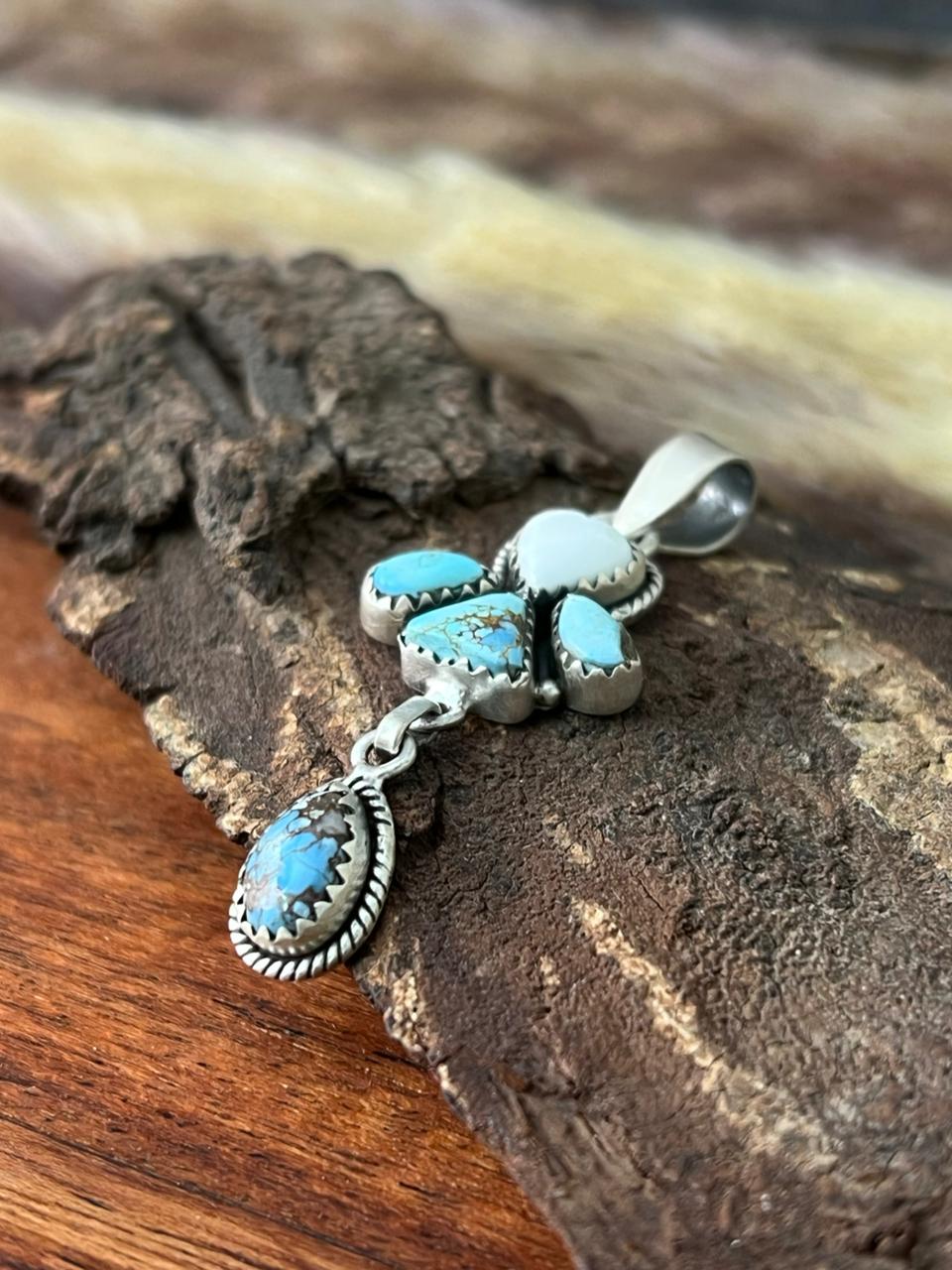 Handmade Sterling Silver Canyon Sunset Collection: Golden Hills Turquoise with White Buffalo Pendant "Signed Nizhoni" (4)