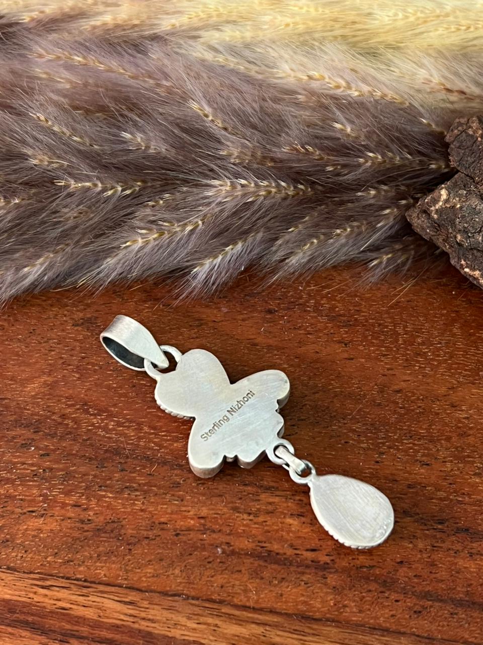 Handmade Sterling Silver Canyon Sunset Collection: Golden Hills Turquoise with White Buffalo Pendant "Signed Nizhoni" (4)