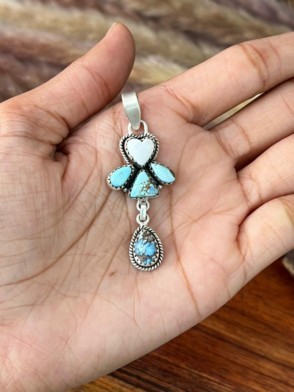 Handmade Sterling Silver Canyon Sunset Collection: Golden Hills Turquoise with White Buffalo Pendant "Signed Nizhoni" (4)