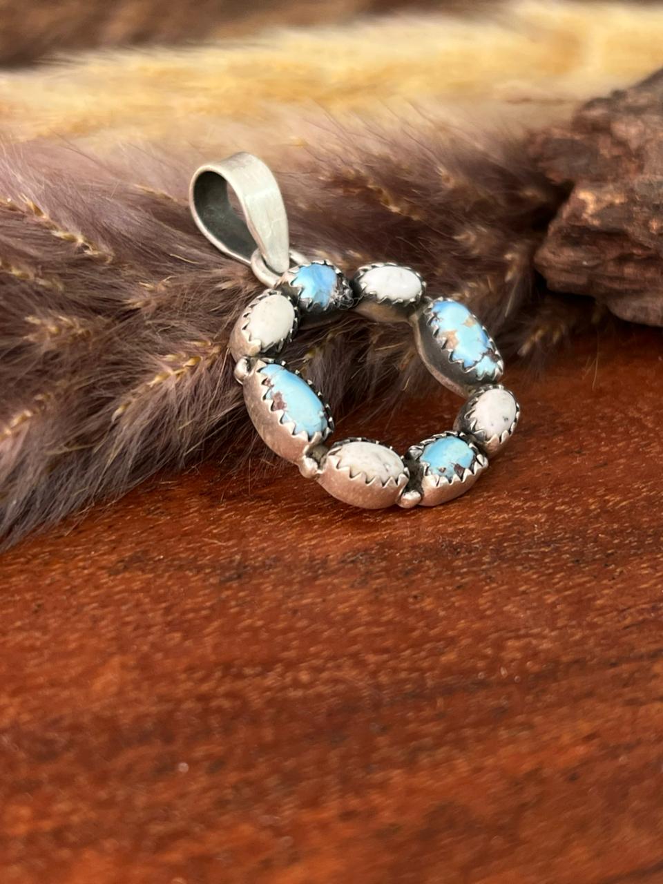 Handmade Sterling Silver Canyon Sunset Collection: Golden Hills Turquoise with White Buffalo Pendant "Signed Nizhoni" (2)