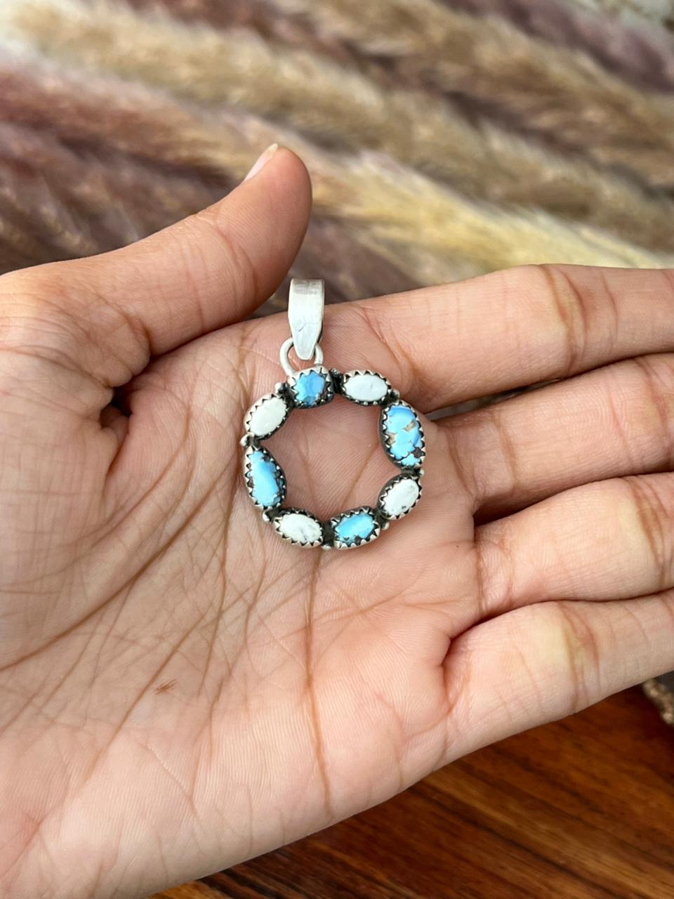 Handmade Sterling Silver Canyon Sunset Collection: Golden Hills Turquoise with White Buffalo Pendant "Signed Nizhoni" (2)