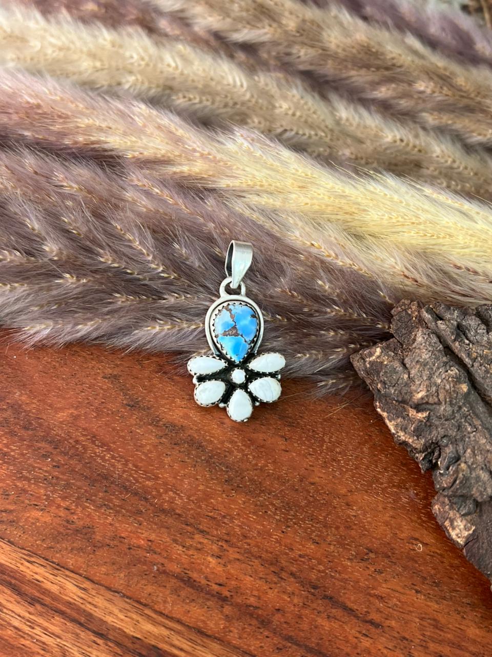 Handmade Sterling Silver Canyon Sunset Collection: Golden Hills Turquoise with White Buffalo Pendant "Signed Nizhoni" (3)