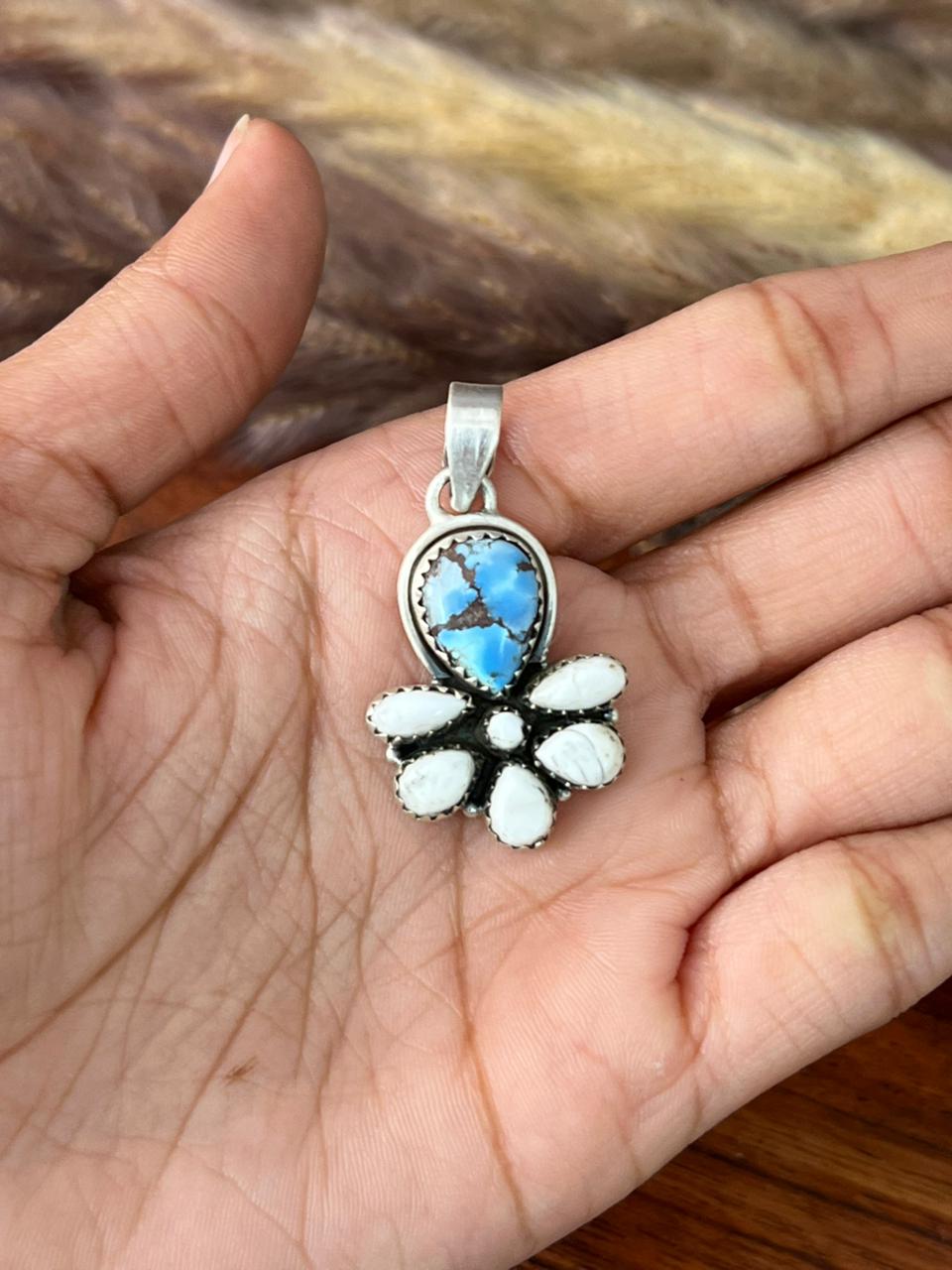 Handmade Sterling Silver Canyon Sunset Collection: Golden Hills Turquoise with White Buffalo Pendant "Signed Nizhoni" (3)