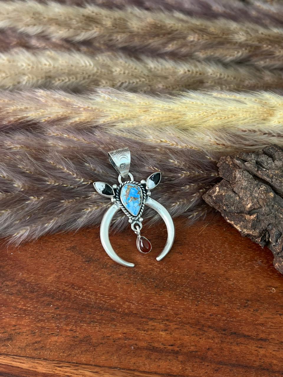 Handmade Sterling Silver Canyon Sunset Collection: Golden Hills Turquoise with White Buffalo and Carnelian Naja Pendant "Signed Nizhoni"