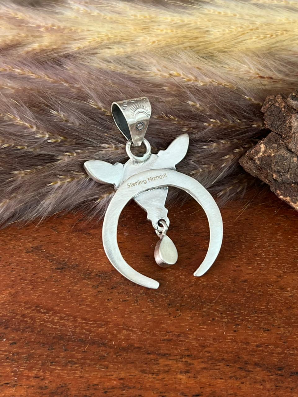 Handmade Sterling Silver Canyon Sunset Collection: Golden Hills Turquoise with White Buffalo and Carnelian Naja Pendant "Signed Nizhoni"