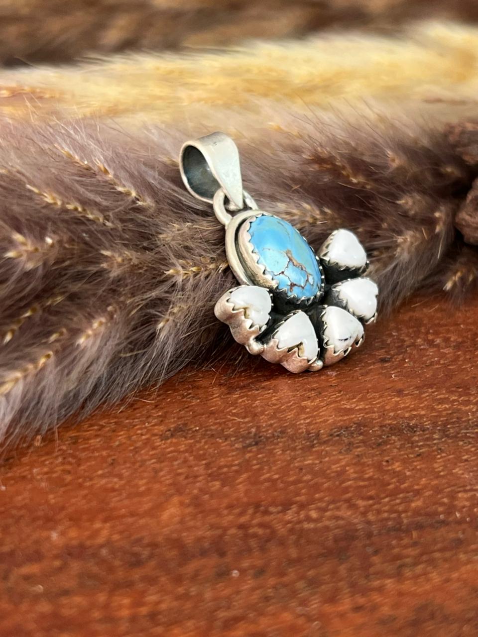 Handmade Sterling Silver Canyon Sunset Collection: Golden Hills Turquoise with White Buffalo Pendant "Signed Nizhoni" (1)