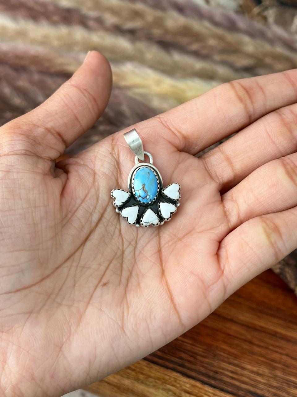 Handmade Sterling Silver Canyon Sunset Collection: Golden Hills Turquoise with White Buffalo Pendant "Signed Nizhoni" (1)