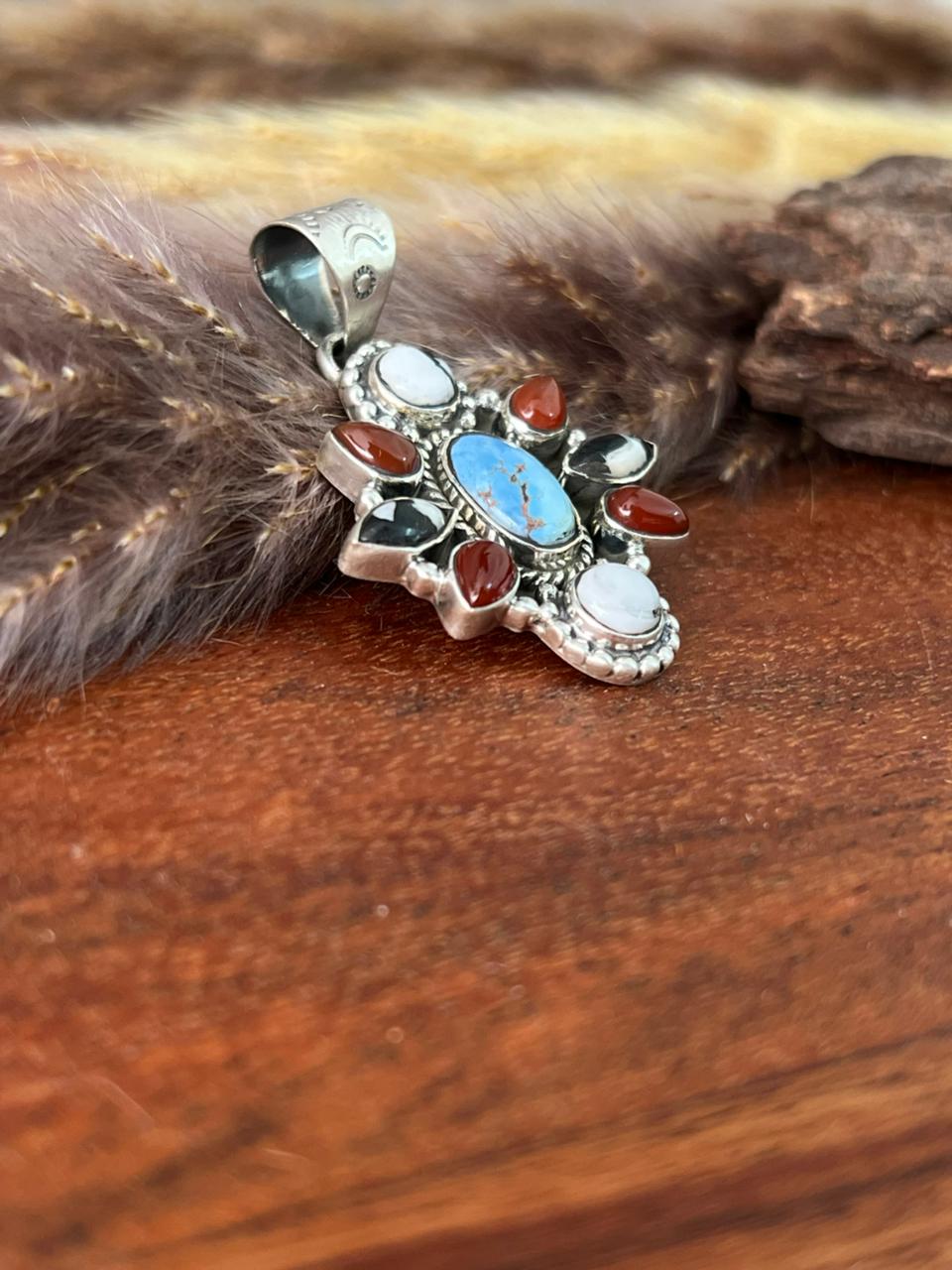 Handmade Sterling Silver Canyon Sunset Collection: Golden Hills Turquoise with White Buffalo and Carnelian Pendant "Signed Nizhoni"