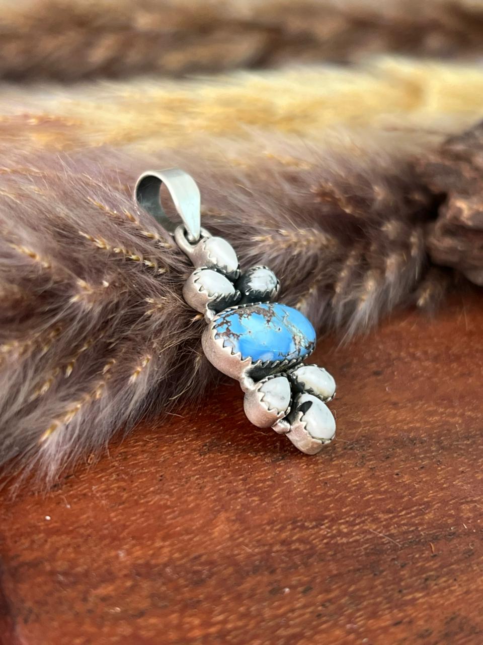 Handmade Sterling Silver Canyon Sunset Collection: Golden Hills Turquoise with White Buffalo Pendant "Signed Nizhoni" (5)