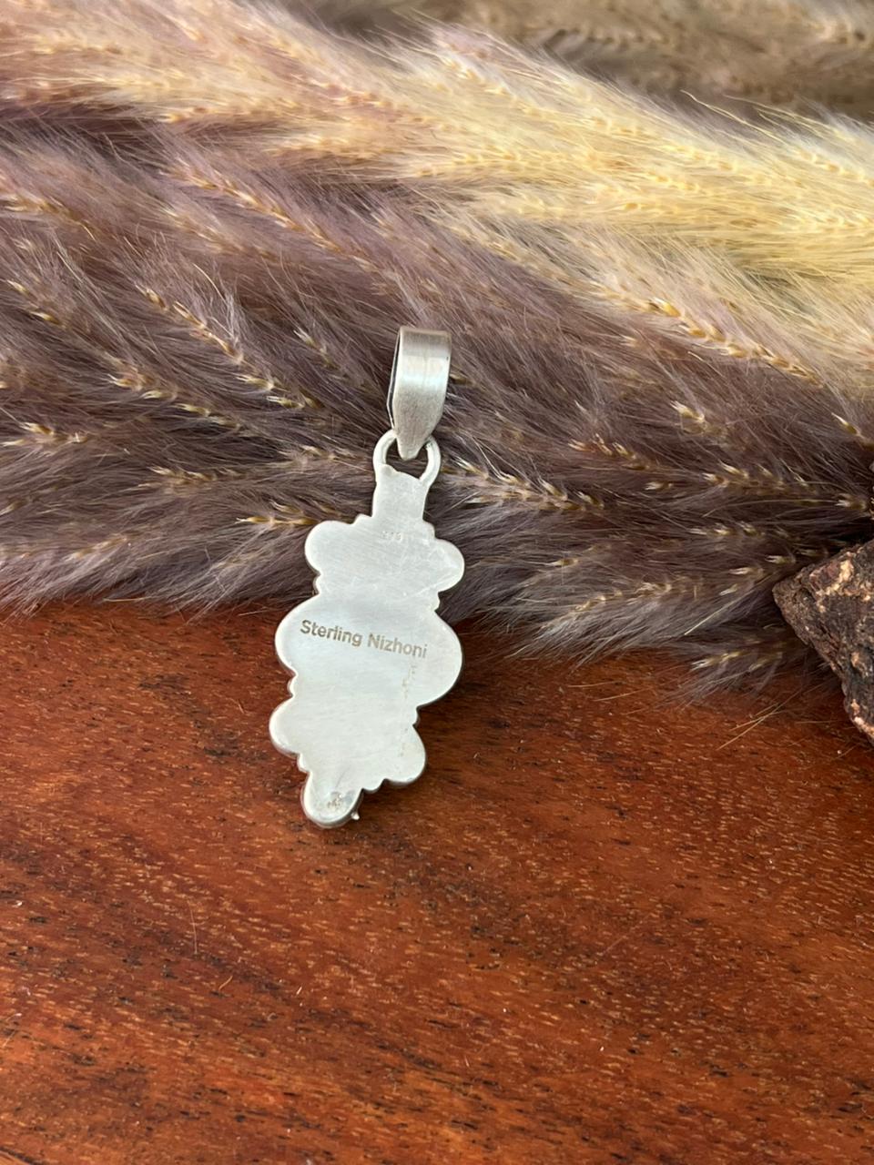 Handmade Sterling Silver Canyon Sunset Collection: Golden Hills Turquoise with White Buffalo Pendant "Signed Nizhoni" (5)