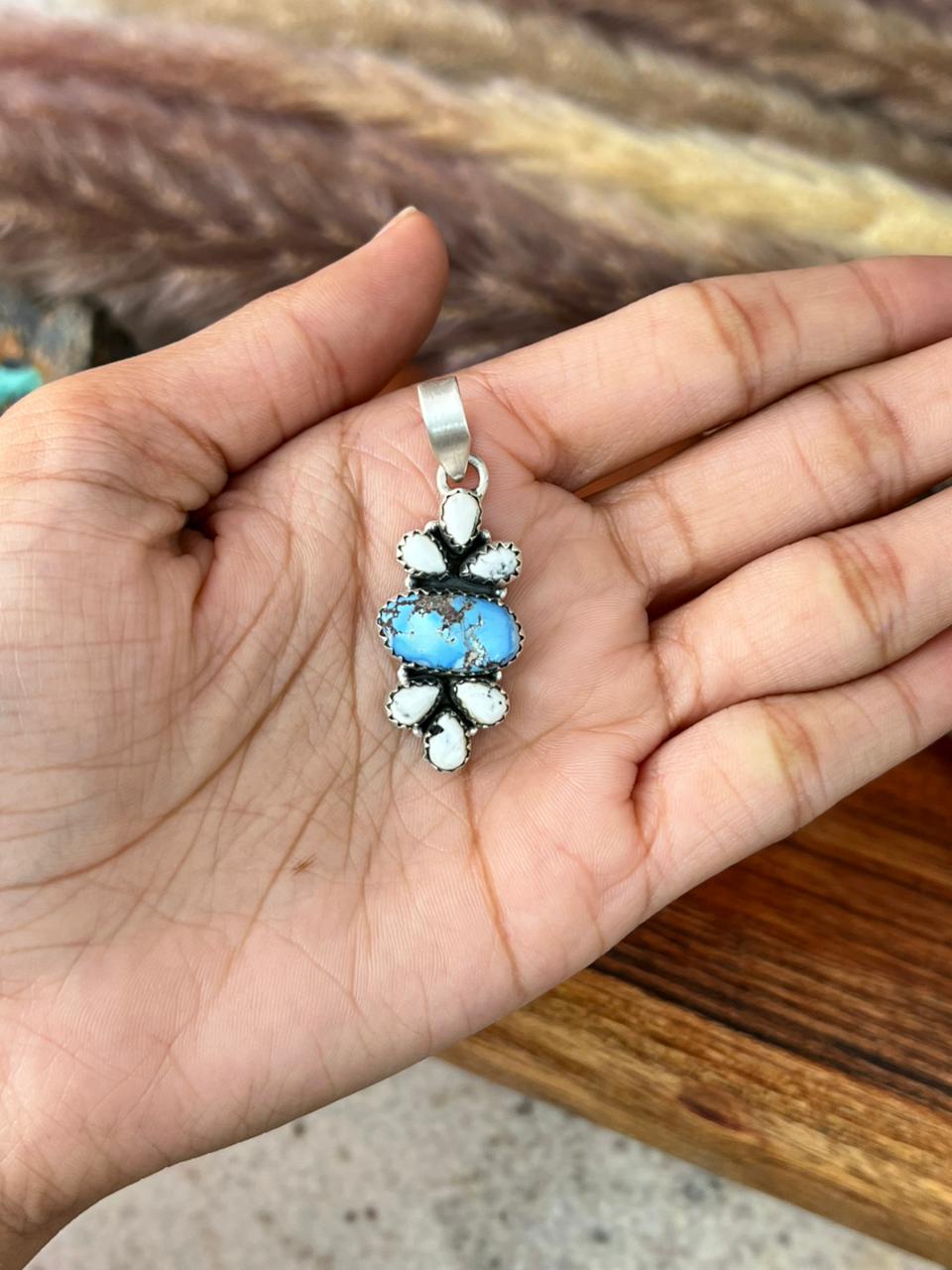 Handmade Sterling Silver Canyon Sunset Collection: Golden Hills Turquoise with White Buffalo Pendant "Signed Nizhoni" (5)