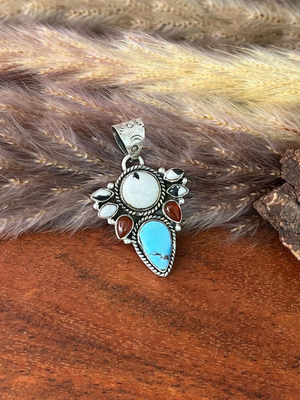 Handmade Sterling Silver Canyon Sunset Collection: Golden Hills Turquoise with White Buffalo and Carnelian Pendant "Signed Nizhoni"