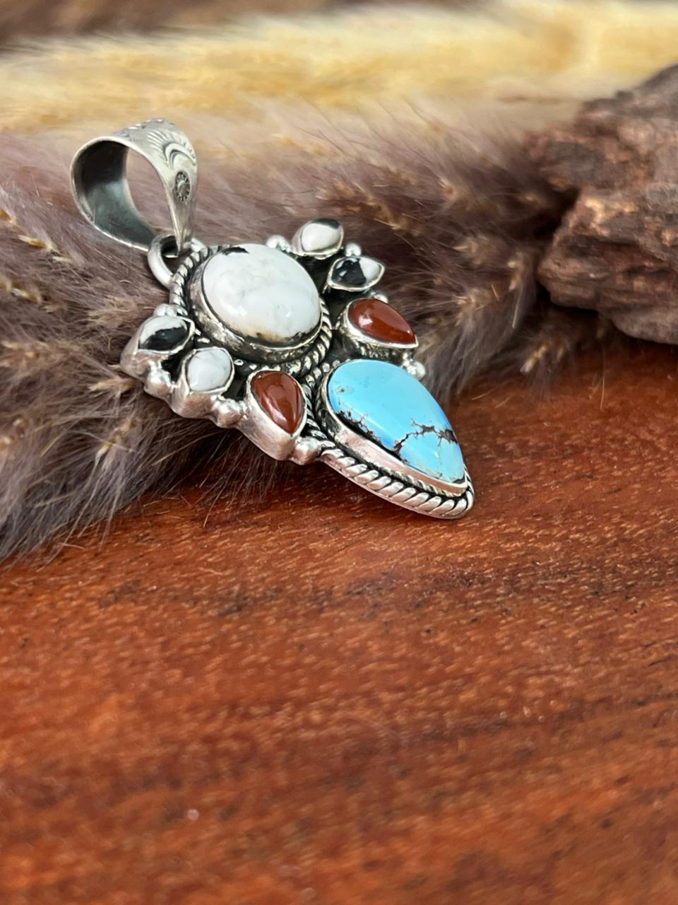 Handmade Sterling Silver Canyon Sunset Collection: Golden Hills Turquoise with White Buffalo and Carnelian Pendant "Signed Nizhoni"