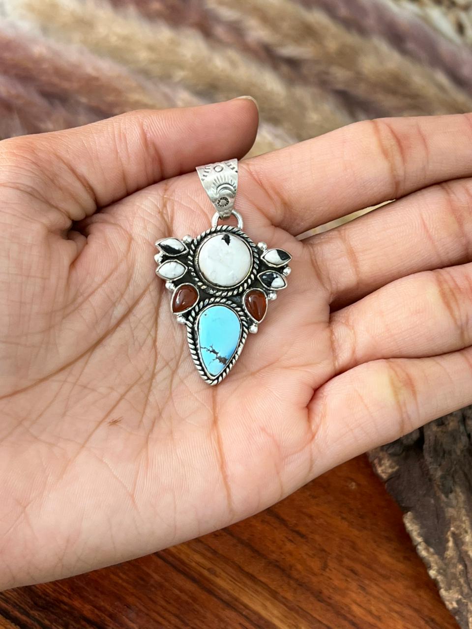 Handmade Sterling Silver Canyon Sunset Collection: Golden Hills Turquoise with White Buffalo and Carnelian Pendant "Signed Nizhoni"