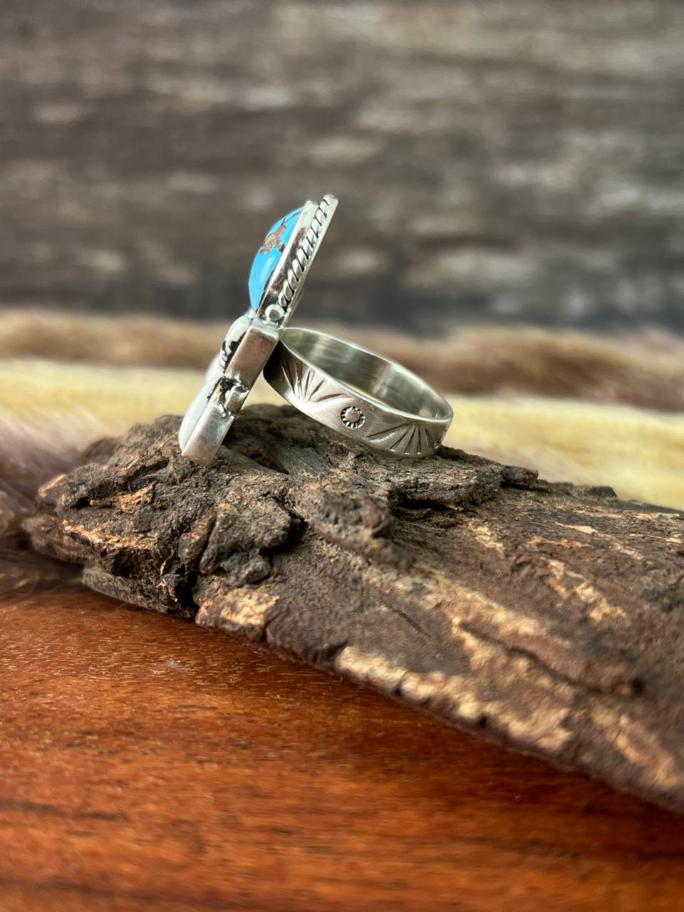 Handmade Sterling Silver Canyon Sunset Collection: Golden Hills Turquoise with White Buffalo and Carnelian Adjustable Ring "Signed Nizhoni"