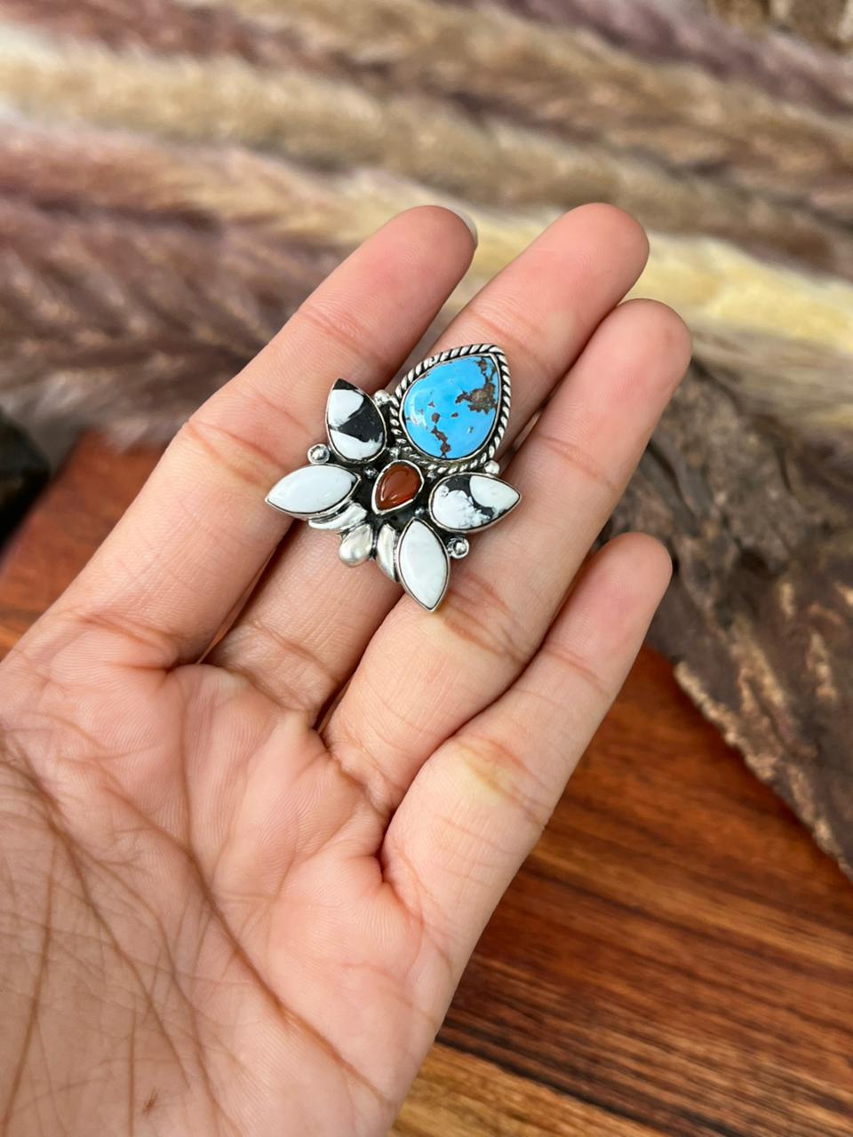 Handmade Sterling Silver Canyon Sunset Collection: Golden Hills Turquoise with White Buffalo and Carnelian Adjustable Ring "Signed Nizhoni"