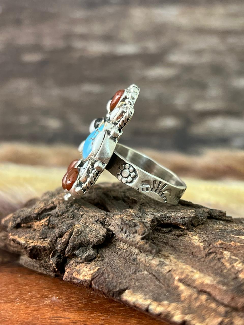 Handmade Sterling Silver Canyon Sunset Collection: Golden Hills Turquoise with White Buffalo and Carnelian Adjustable Ring "Signed Nizhoni"