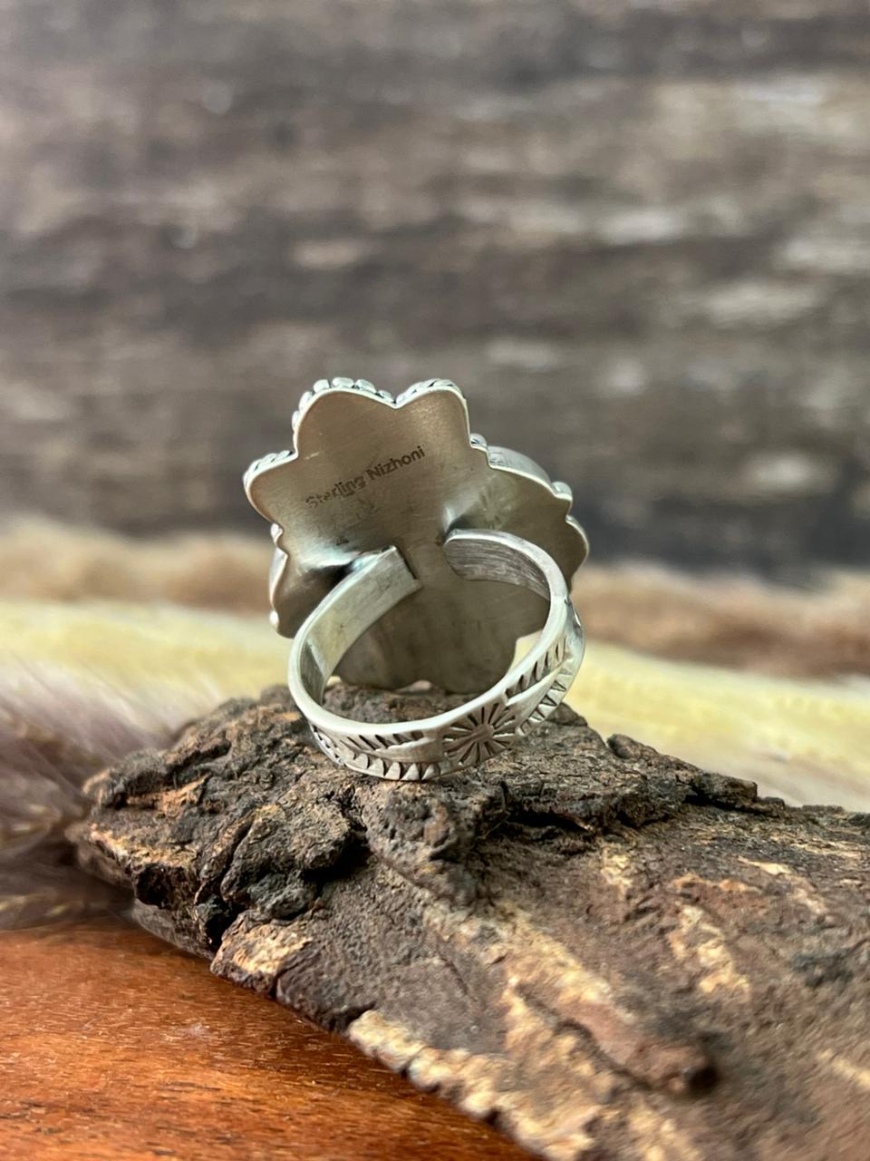Handmade Sterling Silver Canyon Sunset Collection: Golden Hills Turquoise with White Buffalo and Carnelian Adjustable Ring "Signed Nizhoni"