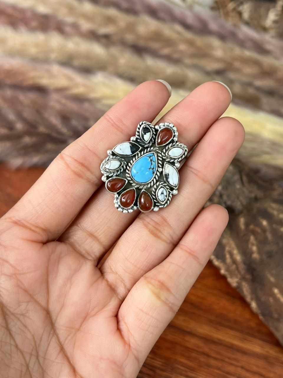 Handmade Sterling Silver Canyon Sunset Collection: Golden Hills Turquoise with White Buffalo and Carnelian Adjustable Ring "Signed Nizhoni"