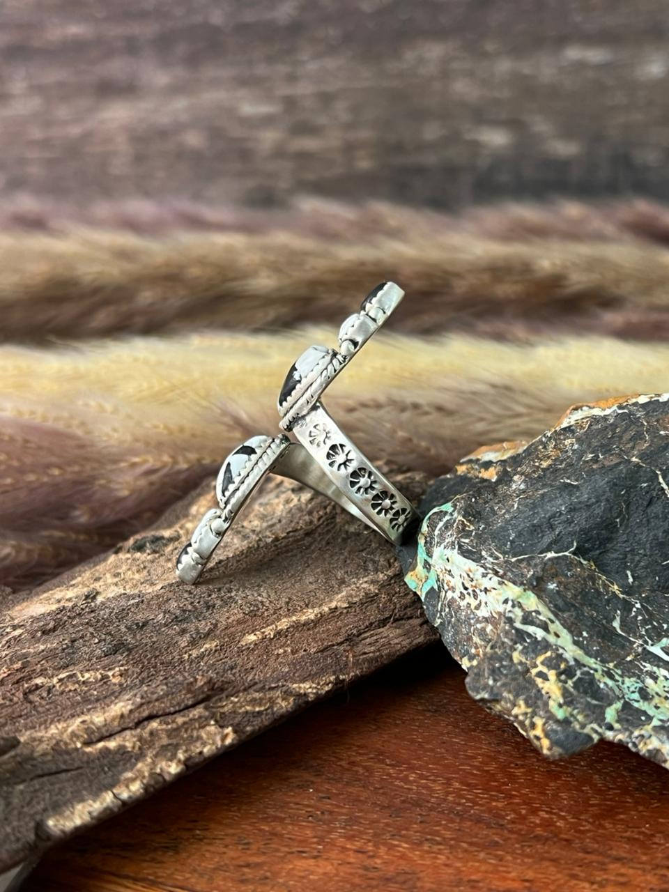 Handmade Sterling Silver White Buffalo Adjustable Ring "Signed Nizhoni"