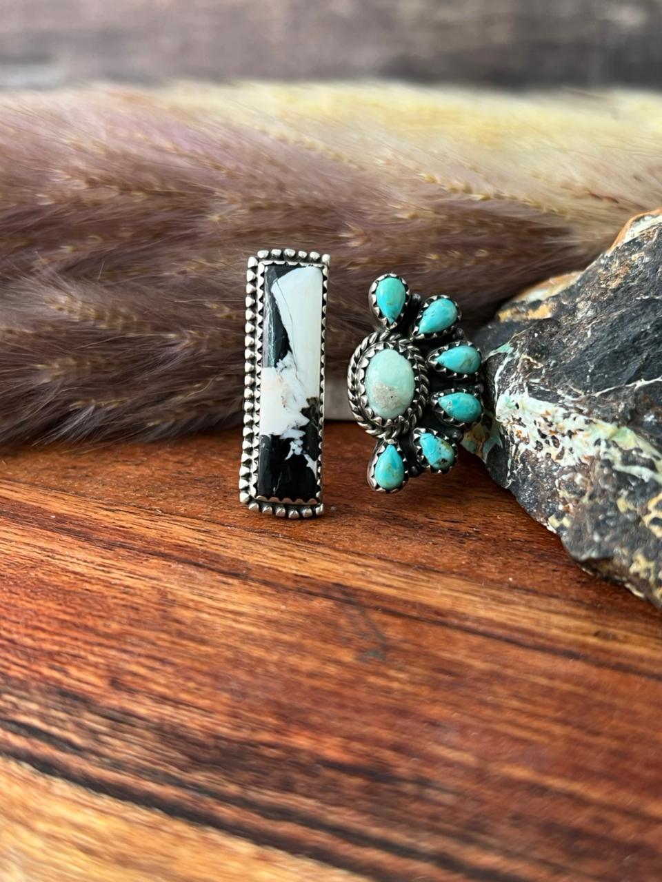Handmade Sterling Silver Paloma with Kingman Turquoise and White Buffalo Adjustable Ring "Signed Nizhoni"