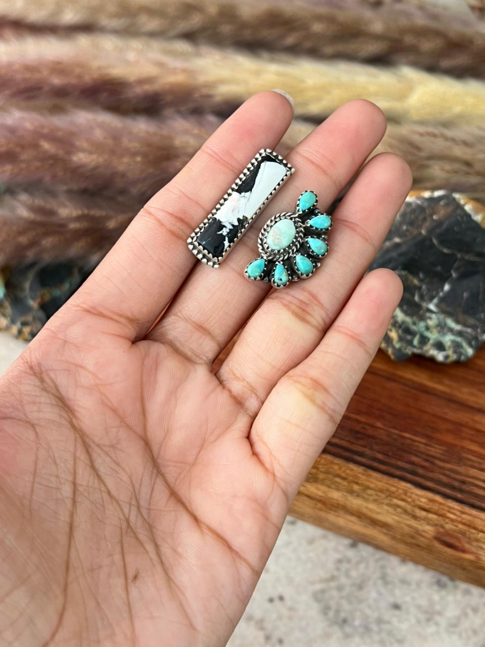 Handmade Sterling Silver Paloma with Kingman Turquoise and White Buffalo Adjustable Ring "Signed Nizhoni"