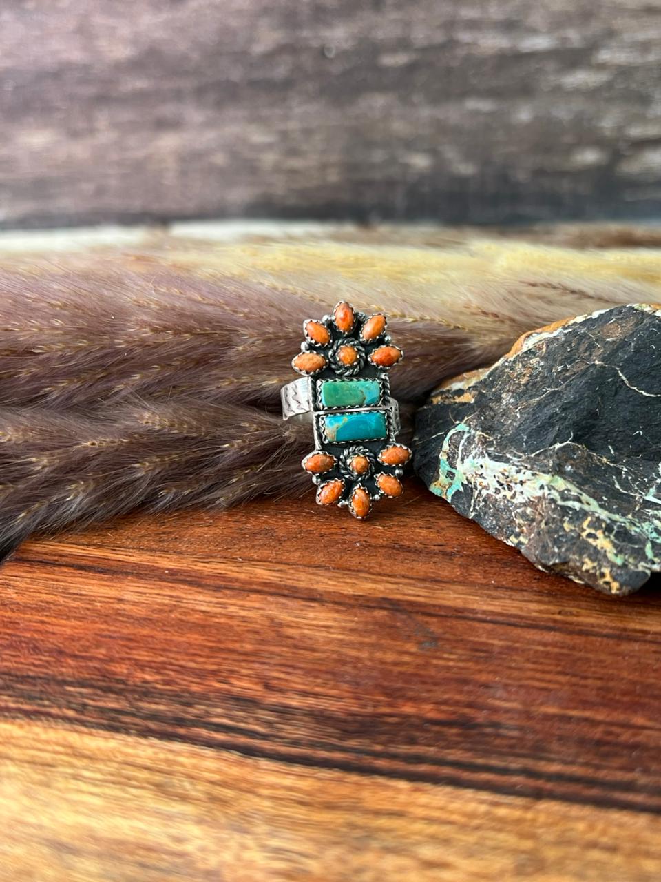 Handmade Sterling Silver Kingman Turquoise with Orange Mojave Adjustable Ring "Signed Nizhoni"