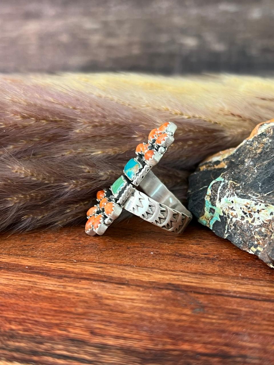 Handmade Sterling Silver Kingman Turquoise with Orange Mojave Adjustable Ring "Signed Nizhoni"