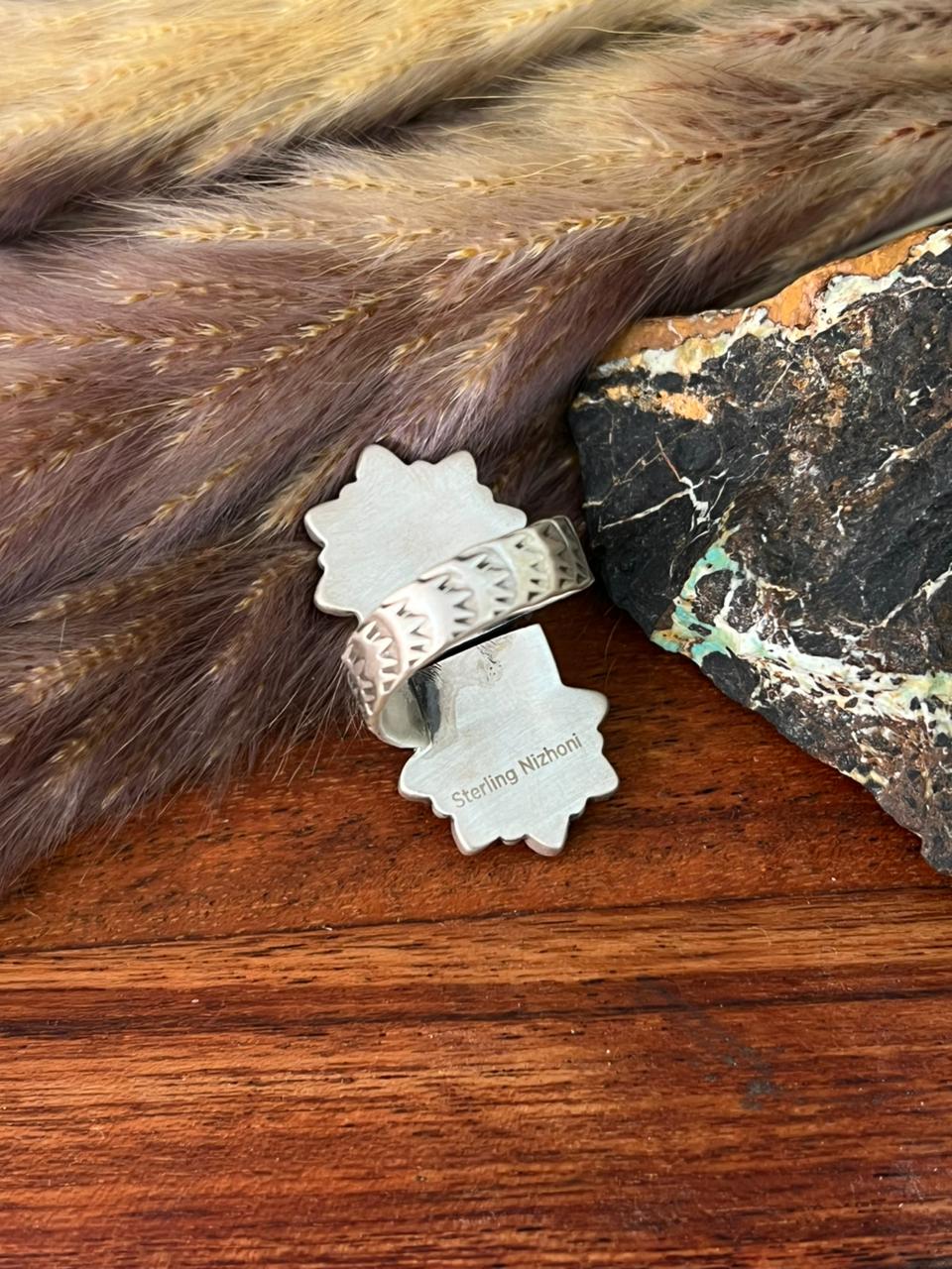 Handmade Sterling Silver Kingman Turquoise with Orange Mojave Adjustable Ring "Signed Nizhoni"