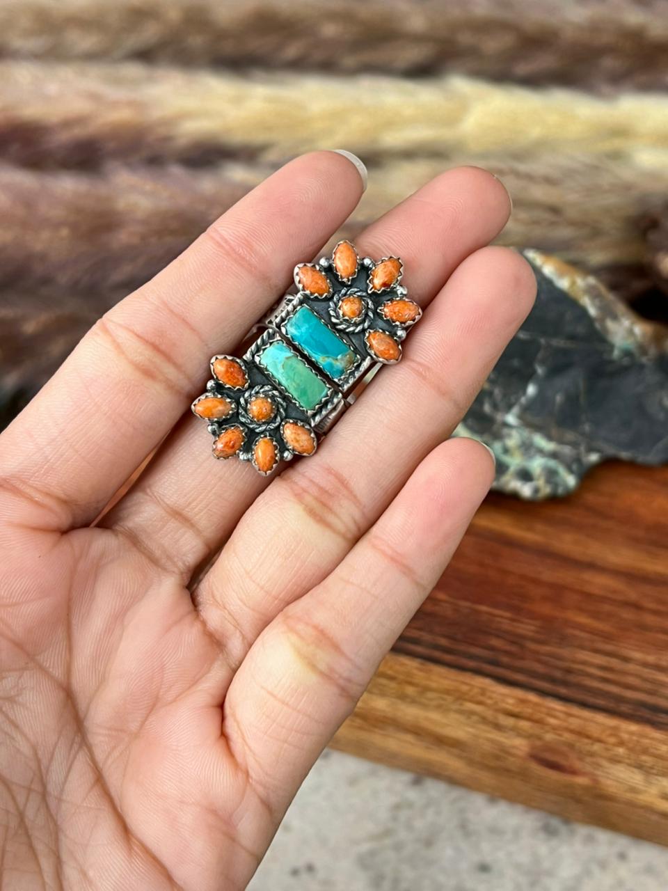 Handmade Sterling Silver Kingman Turquoise with Orange Mojave Adjustable Ring "Signed Nizhoni"